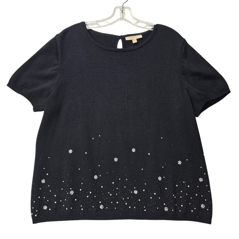 VTG St. John Couture XL Black Beaded Short Sleeve Keyhole Opening Top Made USA‎